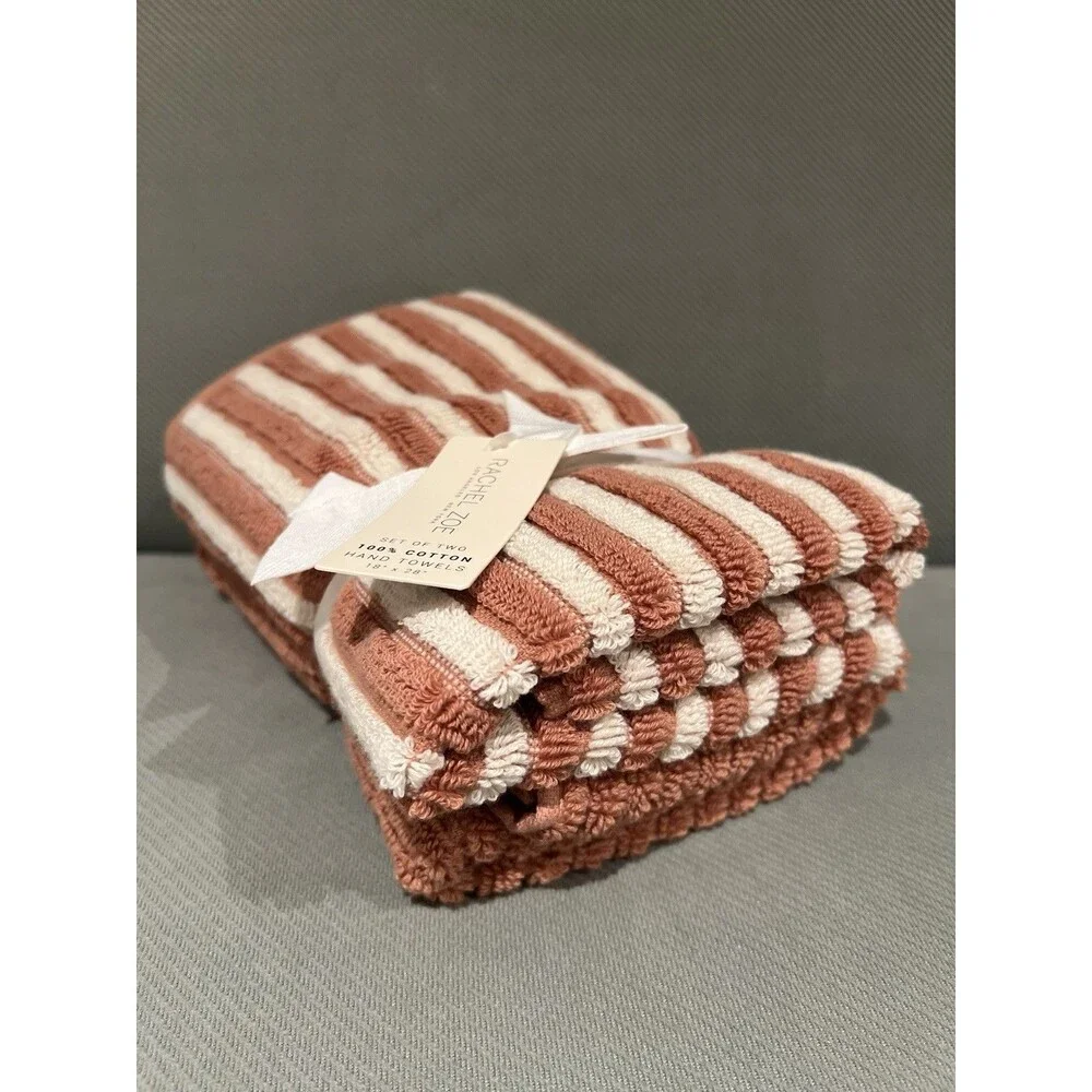 Rachel Zoe Hand Towels 2 Piece Stripe & Solid Cotton New